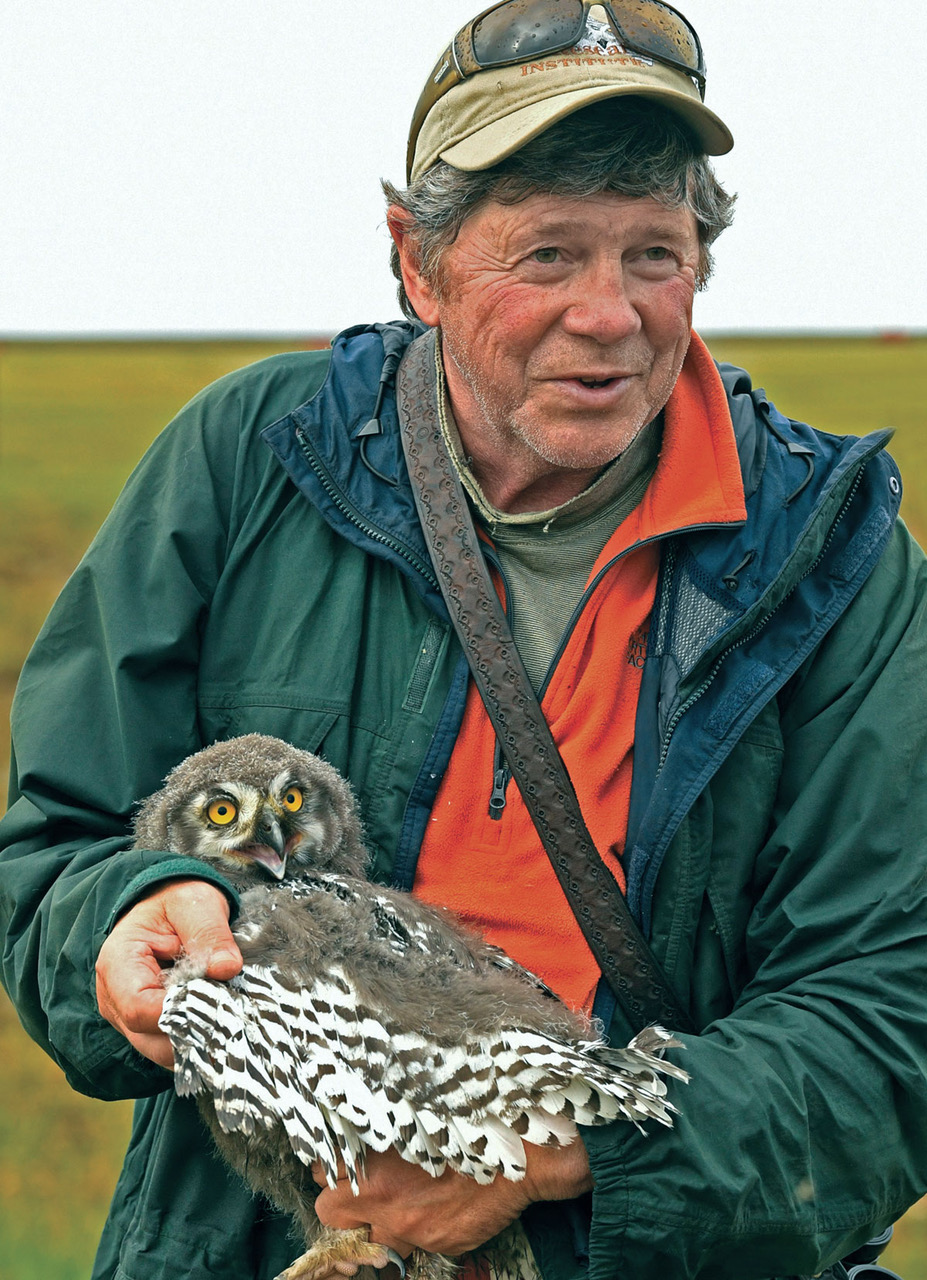 Denver Holt holding Snowy Owl chick Mark Wilson